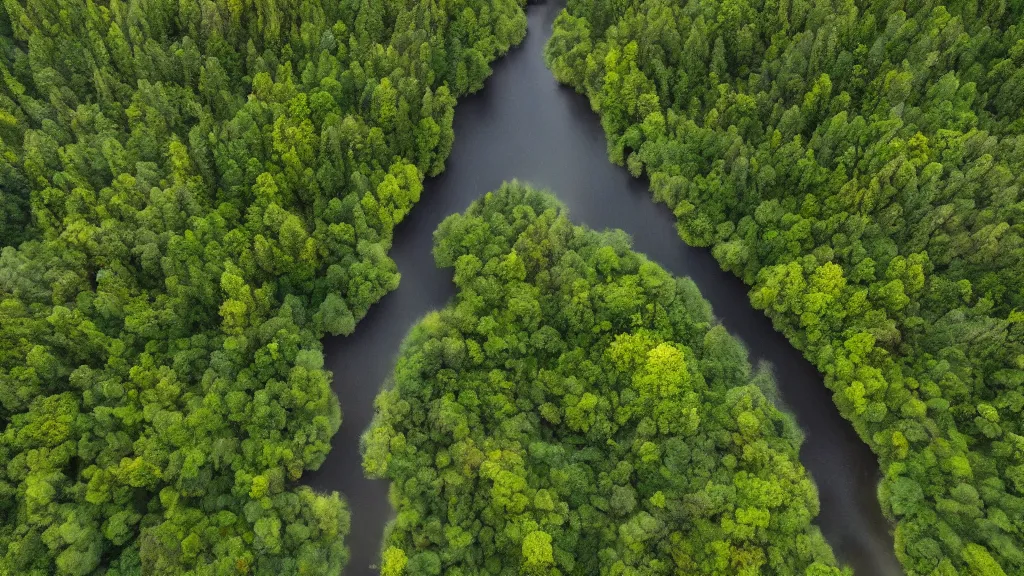 Prompt: a river crossing a forest aerial perspective