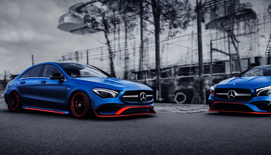 Image similar to a car and driver magazine photo shot, a dark blue 2019 Mercedes cla 45 AMG heavily modified and customized as a performance tune street racing, black rims, samurai vinyl wrap, cinematic lighting, art station, volumetric light, low angle camera, redshift render, octane render, art station