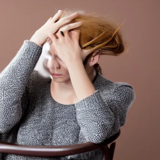 Prompt: a woman sitting on a chair with her head hanging down, her hair falling on her face.