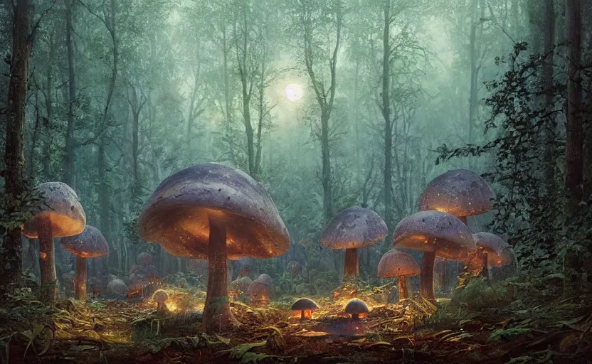 Image similar to A mushroom house in the foreground, other mushroom houses in the background, in a dark forest, macro, mysterious matte painting by greg rutkowski and marc simonetti and Ivan Shishkin