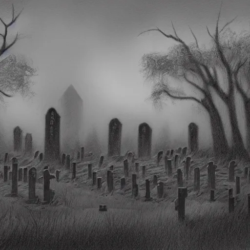 Prompt: an endless eerie graveyard with ancient tombstones, misty, strands of fog, catacomb in background, frame is flanked by dark trees, creepy, night, finely detailed black and white pencil drawing