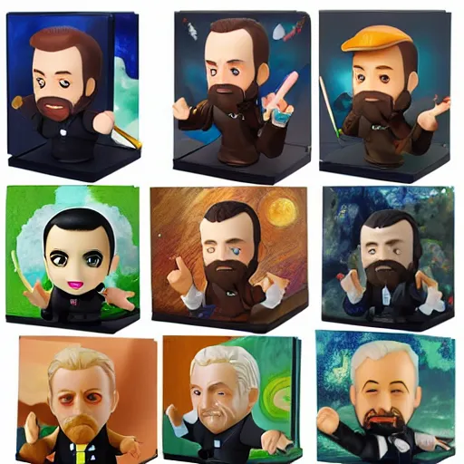 Prompt: high quality portrait flat matte painting of van Gogh in the style of nendoroid and Toon toys , flat anime style, thick painting, medium close-up