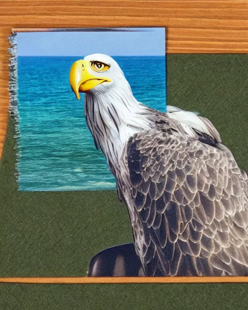 Prompt: postcard showing 'a cool sea eagle perched on a beach chair with sunglasses and a martini' laying in the sand