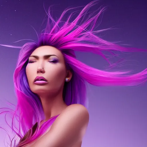 Prompt: a award winning action upper body portrait of a beautiful woman with a ombre purple pink hairstyle with head in motion and hair flying, outrun, vaporware, highly detailed, fine detail, intricate