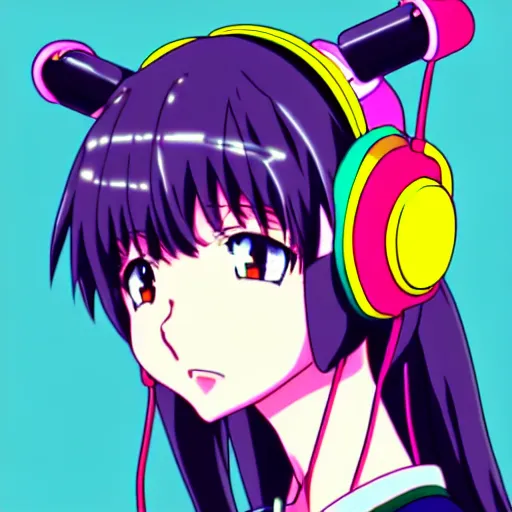 Image similar to An anime character's head wearing retro headphones. 90s anime, Sailor Moon, Neon Genesis, official art, flat cell shading, fantastic screenshot art, trending on artstation, muted nostalgic colors