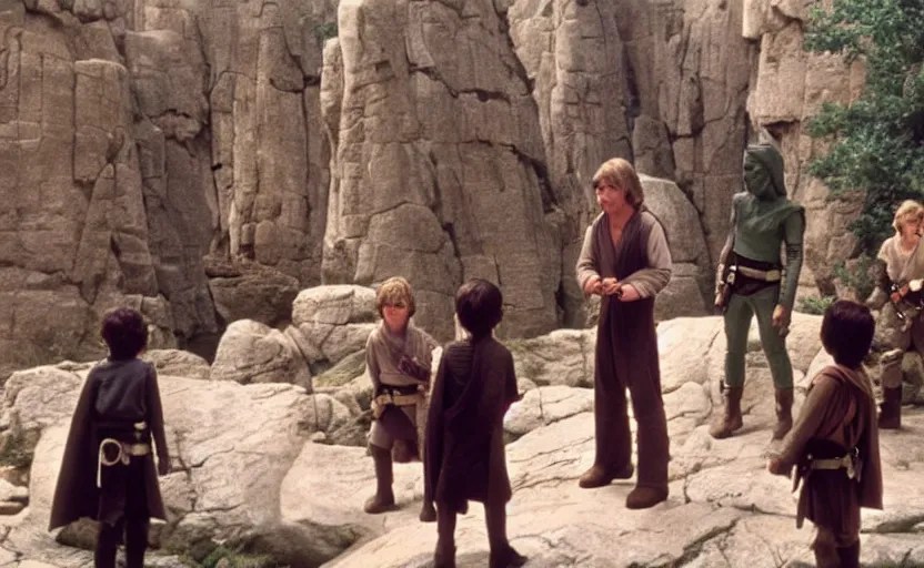 Image similar to screenshot of Luke Skywalker teaching a close of young padawans outside a rocky Jedi Temple scene from The Force Awakens, 1970s film by Stanley Kubrick, serene, iconic scene, Mark Hammil portrait, stunning cinematography, hyper-detailed, sharp, anamorphic lenses, kodak color film, 4k