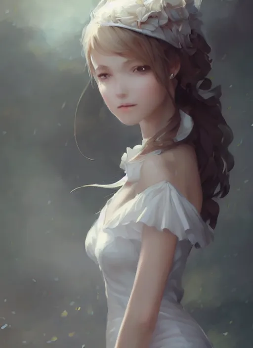 Image similar to a girl with elegant white dress, digital art by krenz cushart, laurie greasly, wlop, artgerm, intricate, ( highly detailed figure ), sharp focus, smooth, epic composition, joyful, unreal engine