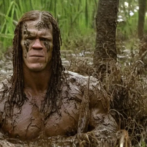 Image similar to film still of john cena as major dutch, covered in mud, hiding from the predator a few feet away from him in swamp scene in 1 9 8 7 movie predator, hd, 8 k