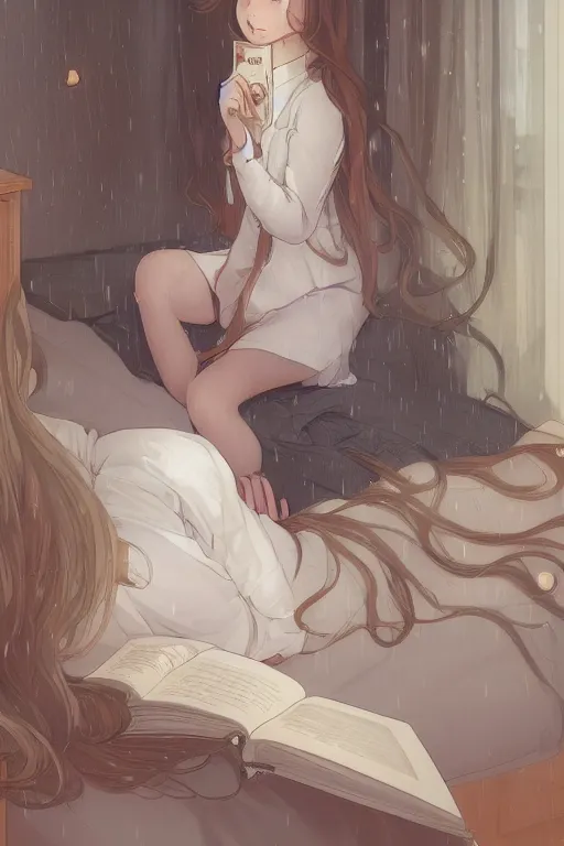 Prompt: a teenage girl in a jk uniform outfit in the bedroom reading a book in a night, raining outside the window, grey and orange theme ， wavy white long hair, by krenz cushart and mucha and akihito yoshida and greg rutkowski, detailed eyes, 4 k resolution