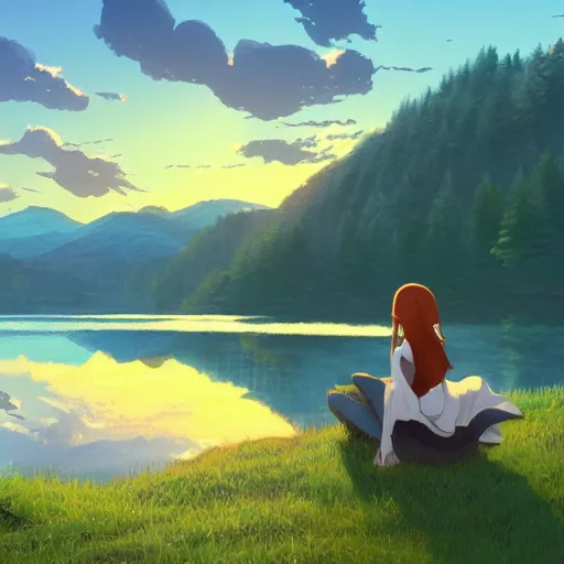 Image similar to a masterpiece detailed beautiful landscape, trees, lake, mountains, golden hour, sunset, a girl listening music, by Makoto Shinkai
