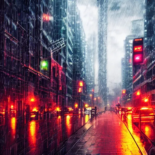 Image similar to professional photograph of a bustling neon dystopian city, rainy sidewalks, high quality, highly detailed, HD, 8K