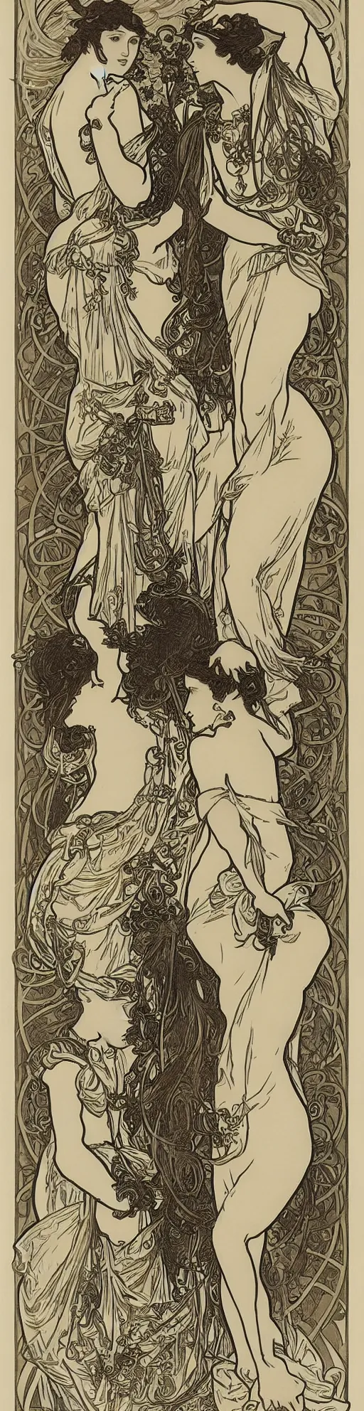 Prompt: engraving by alphonse mucha and gustave klint