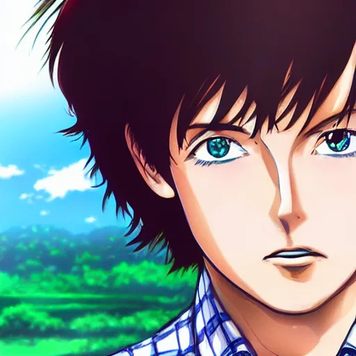 Prompt: close up anime illustration of young Paul McCartney from the Beatles, wearing a blue and white check shirt, silver sports watch, outdoors in Singapore, ufotable