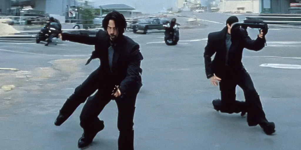 Image similar to beautiful hyperrealism three point perspective film still of Keanu Reeves as neo in bullet time aiming two uzi at agent smith in a nice oceanfront promenade motorcycle chase scene in Matrix meets kagemusha(1990) extreme closeup portrait in style of 1990s frontiers in translucent porclein miniature street photography seinen manga fashion edition,, tilt shift style scene background, soft lighting, Kodak Portra 400, cinematic style, telephoto by Emmanuel Lubezki