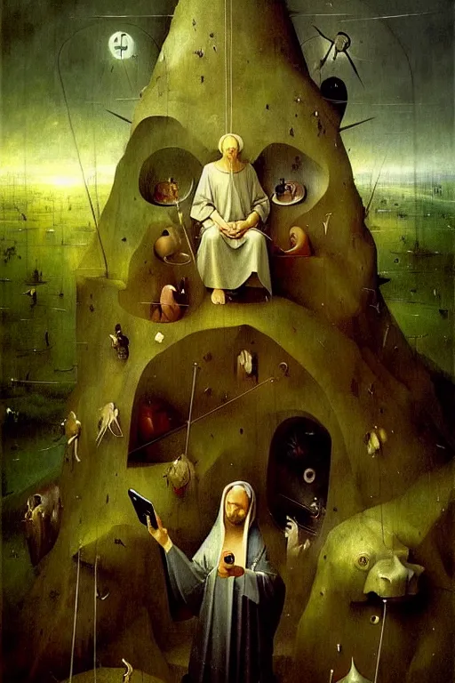 Image similar to hieronymus bosch, greg rutkowski, anna podedworna, painting of god using a cellphone