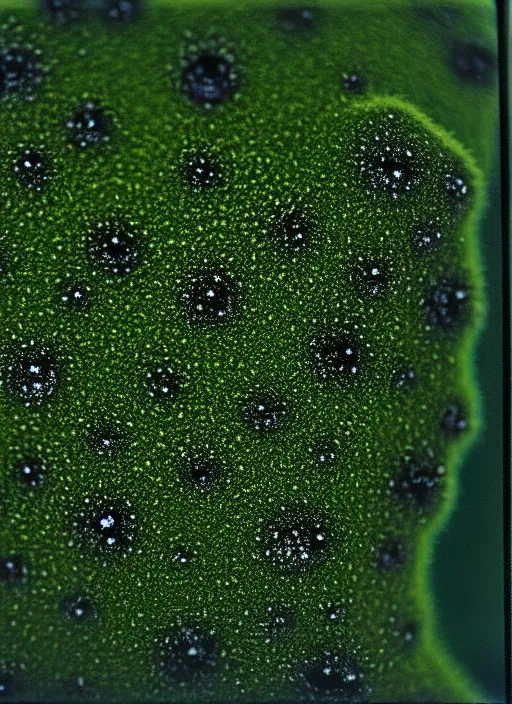 Prompt: realistic photo of a moist moss covered with white dots, fluffy microbe ; 1 9 9 0, microscope, closeup, bokeh, natural colors, kodak ektar, 2 0 0 iso, 3 5 mm lens, bill henson