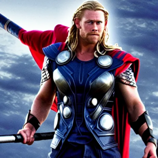 Image similar to thor with canine head, holding a hammer, cinematic thunder background