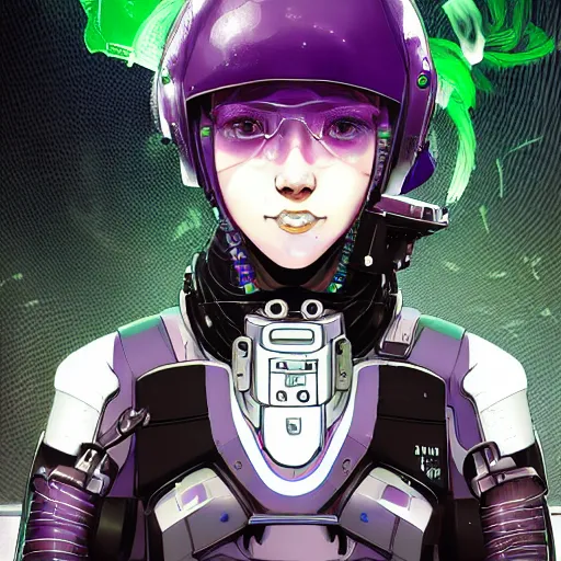 Prompt: highly detailed portrait of a post-cyberpunk robotic young lady with space helmet and wired cybernetic face modifications, robotic limbs, by Akihiko Yoshida, Greg Tocchini, Greg Rutkowski, Cliff Chiang, 4k resolution, persona 5 inspired, vibrant purple, green, brown black and white color scheme with sparking stray wiring