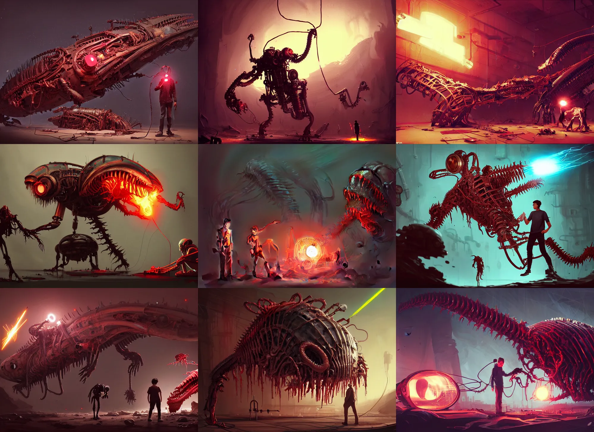 Prompt: duotone dark ghastly scientist examine giant fishlike alien carcass, steampunk cyborg with sparky flare dark red. highly detailed mechanism cinematic lighting. golden ratio. accidental renaissance. by sachin teng and sergey kolesov and ruan jia and heng z. graffiti art, scifi, fantasy, hyper detailed. octane render. concept art. artstation