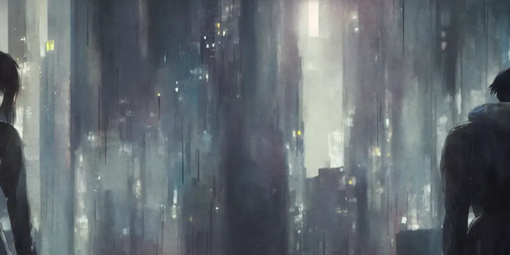 Image similar to incredible wide screenshot, ultrawide, simple watercolor, rough paper texture, ghost in the shell movie scene, backlit distant shot of girl in a parka