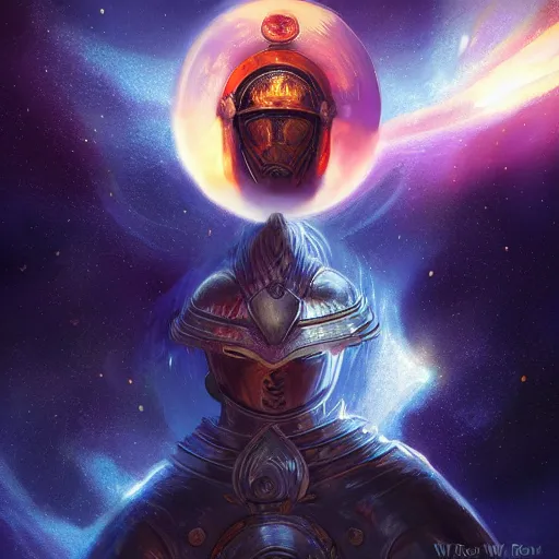 Prompt: a medieval knight in front of the sun of a susnet, unique helmet made of a nebula, detailed, intricate, close up, high fantasy, by wlop, by ross tran, by andreas rocha