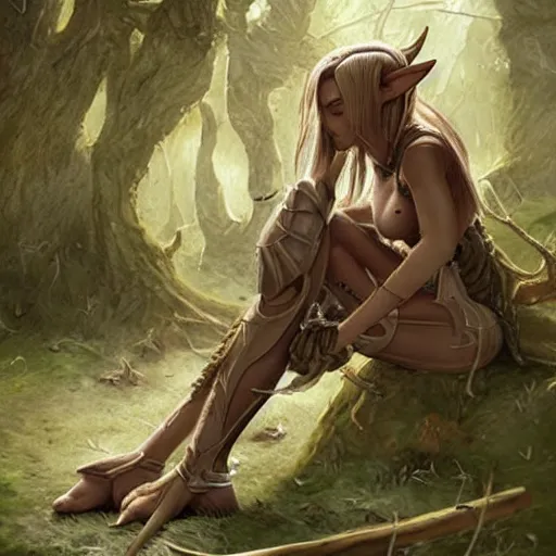 Image similar to a short, stocky female wood elf, resting after a battle, fantasy art