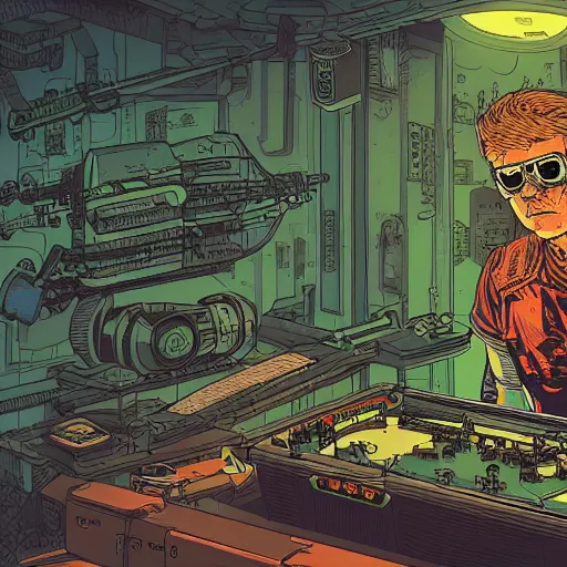 Prompt: in the style of deathburger and laurie greasley an intricate illustration of a young explorer wearing a cyberpunk headpiece playing video games in his treehouse, highly detailed, midnight, 8 k wallpaper