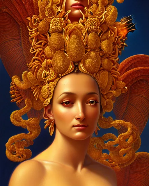 Image similar to portrait of the goddess of golden fire, unusual beauty, flowers and plants, emotionally evoking symbolic metaphors, head in focus, fantasy, ornamental, intricate, elegant, sensual, highly detailed digital painting, artstation, concept art, painterly, golden ratio, sharp focus, illustration, art by John William Godward and Boris Vallejo and Zdzisław Beksiński,