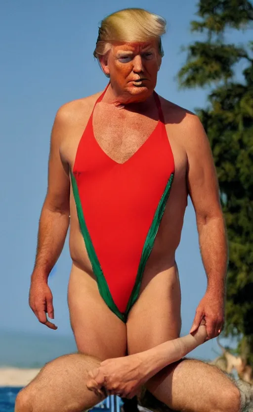 Image similar to high quality photo of donald trump in a borat mankini. hq. hd. award winning