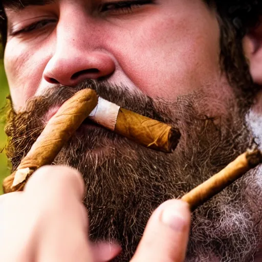 Prompt: a very realistic photo of a man with a beard lighting a cigar, close up