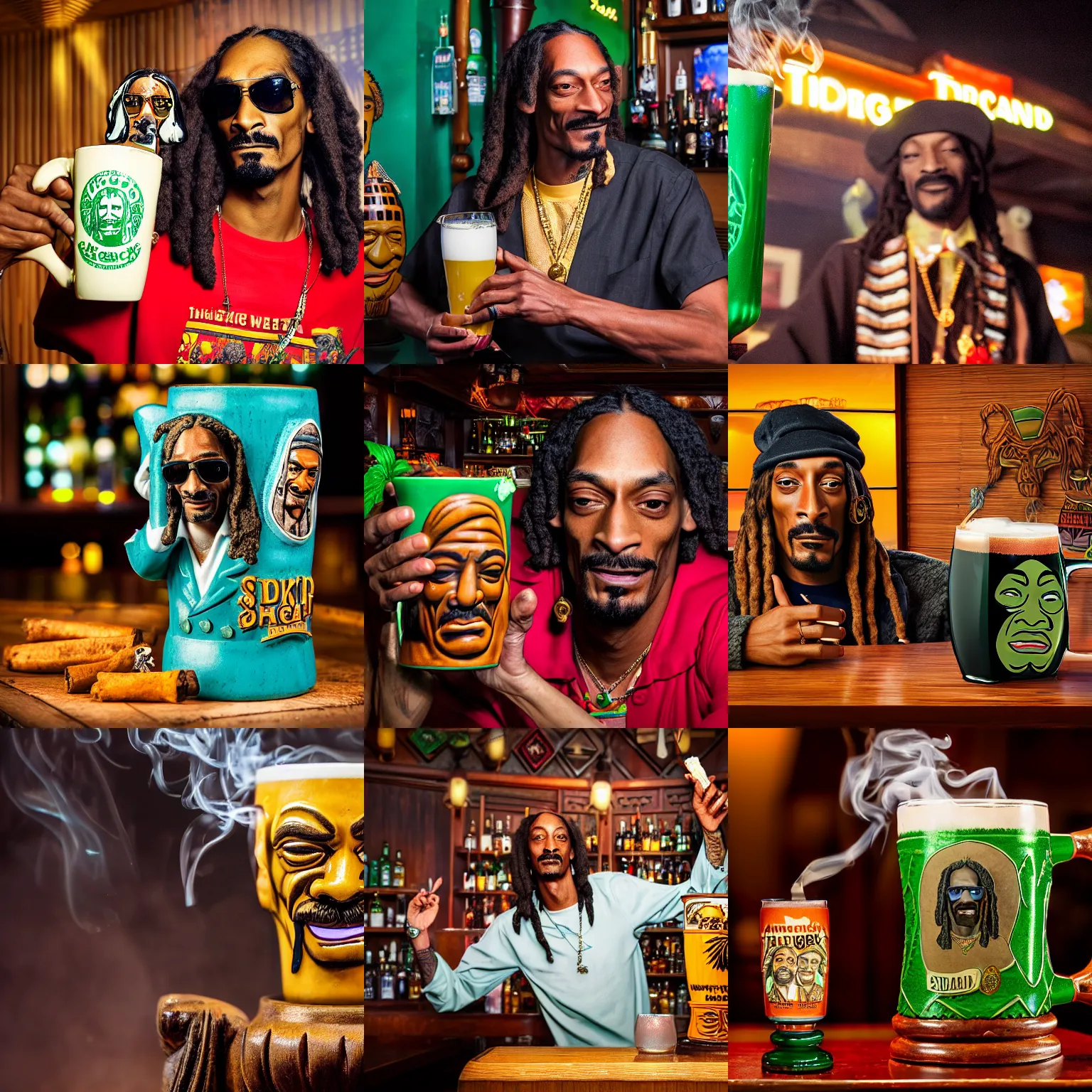 Prompt: a closeup photorealistic photograph of smoking snoop dogg at the trader vic's bar holding up a trader vic's tiki mug featuring snoop dogg's face. tiki culture. brightly lit scene. this 4 k hd image is trending on artstation, featured on behance, well - rendered, extra crisp, features intricate detail, epic composition and the style of unreal engine.