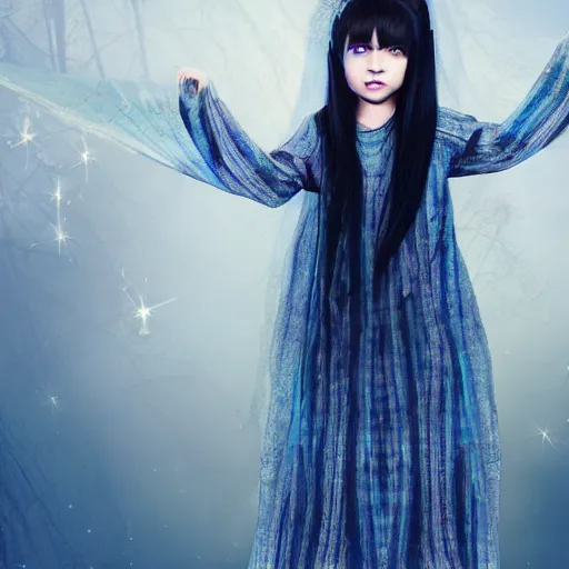 Image similar to mysterious girl child with her long black hair dressed in a chequered robe, carrying blue very big magical crystal, digital art, hd, 4 k, hyper detailed