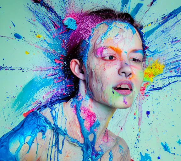 Image similar to still shot footage of a portrait of a female angel's head morphs into acrylic pour and coloured powder explosion and splashing paint and dripping paint and flying paint chunks, closing eyes, motion blur, hyperrealistic, medical, intricate art photography, hyperrealistic, anatomically correct, realistic crisp textures, 1 6 k