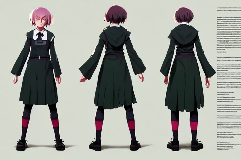 Prompt: character sheet of short female student witch, library magic school uniform, nerd, luminous hair color, by greg rutkowski and studio ghibli, digital art, trending on artstation, highly detailed, concept art, beautiful, masterpiece