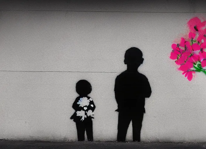 Image similar to a side profile of a single boy holding flowers in the style of Banksy on a white concrete background, graffiti, digital art