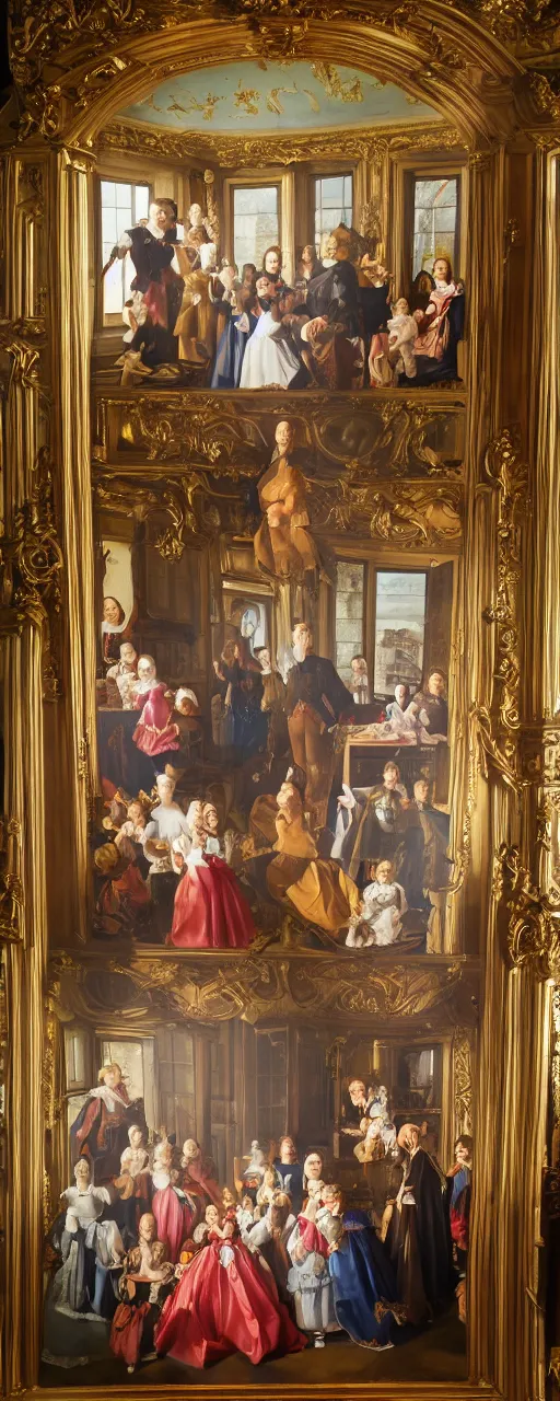 Image similar to oil paint of family portrait in the main room of the castle, dark room, one point of light trough a big window. baroque style 1 6 5 0, high details on clothes, realistic faces and expressions