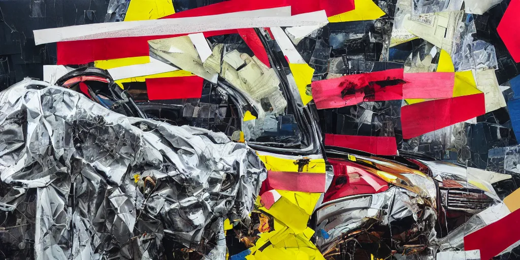 Prompt: car crash test, collage paper and tape, acrylic on canvas, hyperrealism mixed with expressionism, high resolution, cinematic, unreal 6 breathtaking detailed, by blake neubert