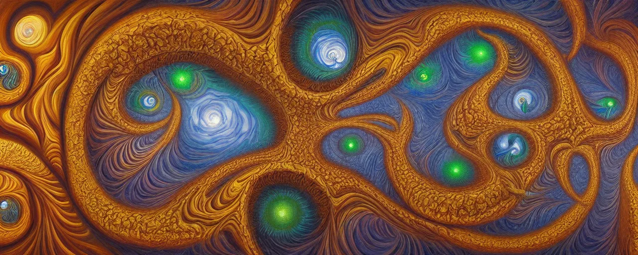 Image similar to a wonderful oil painting of a magic elemental sequential interdimensional galactic fractal mathematics just for practice in the style of junji ito and escher, psytrance and giger, artstationhq, magic realism, 8 k, ornate, detailed