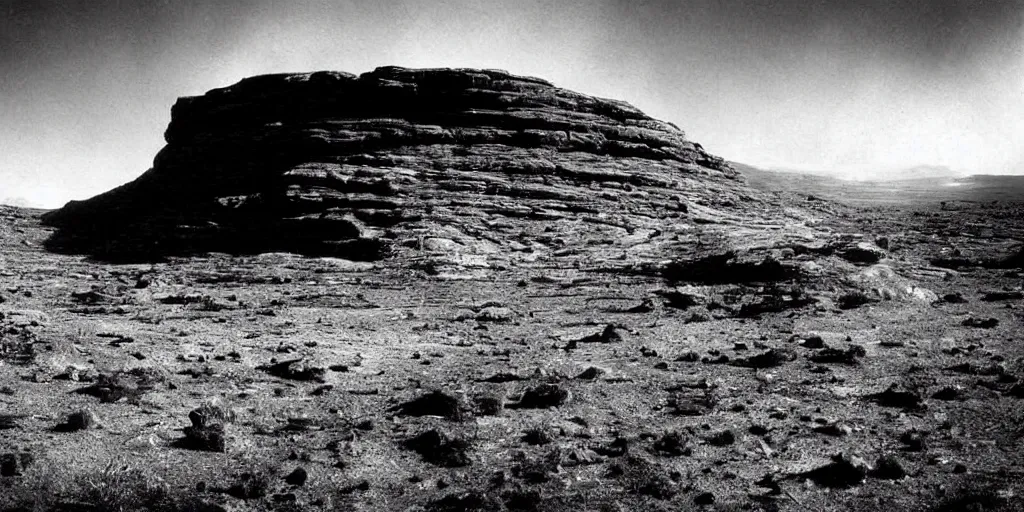 Prompt: an alien world landscape, black and white old photograph