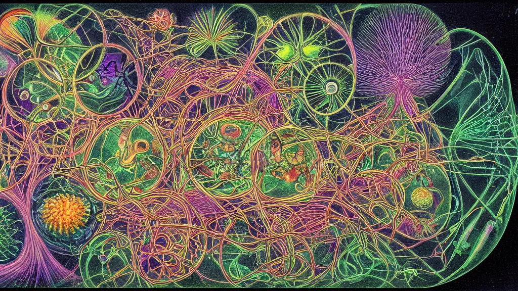 Image similar to quantum connections represented as symbiotic organisms like cells playing around with colorful lights by ernst haeckel