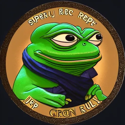 Image similar to super rich happy pepe, coins, gold, crystals, greg rutkowski