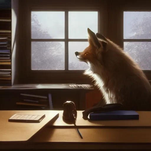 Prompt: fox as a teacher, weta hyperrealism cinematic lighting and compositon