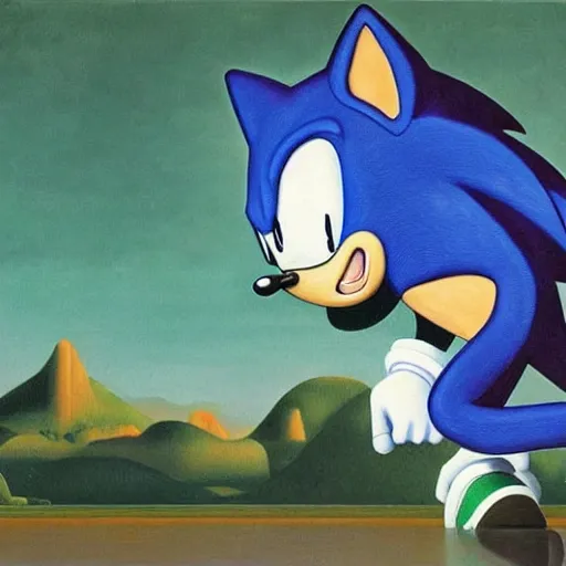 Image similar to sonic the hedgehog, painted by rene magritte, highly detailed