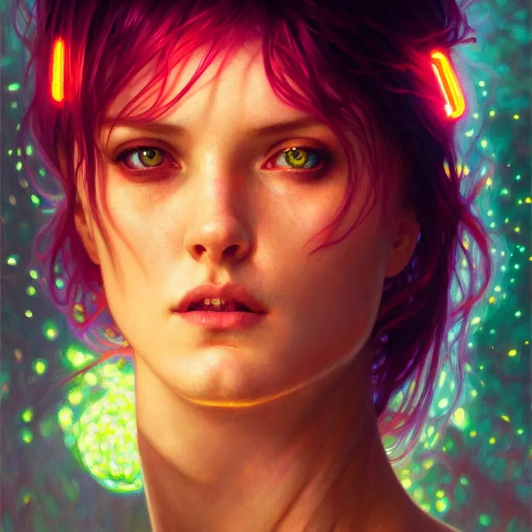 Image similar to bright asthetic portrait LSD glowing backlit, fantasy, intricate, elegant, dramatic lighting, highly detailed, lifelike, photorealistic, digital painting, artstation, illustration, concept art, smooth, sharp focus, art by John Collier and Albert Aublet and Krenz Cushart and Artem Demura and Alphonse Mucha