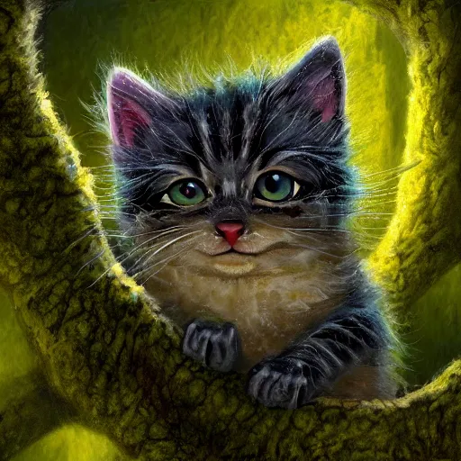 Image similar to rescue from the underworld, shadows of the past, chubby moss kitten, highly detailed, digital painting, HDRI, by tyler boswell and jeff easley, vivid colors, high contrast, 8k resolution, intricate, photorealistic, smooth