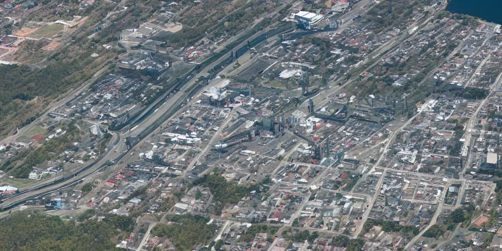 Image similar to satellite imagery of a low - rise city, with small woods and hills in the north with trailer park. in the south are buildings, a highway, shipping dock area, and monorail station.