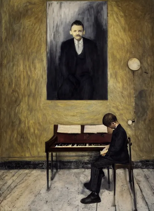 Prompt: portrait of a child piano player in suit waiting, vincent lefevre and beeple and hernan bas and pat steir and hilma af klint, psychological, photorealistic, background with strange perspective, symmetrical face, dripping paint, washy brush, rendered in octane, altermodern, grain, masterpiece