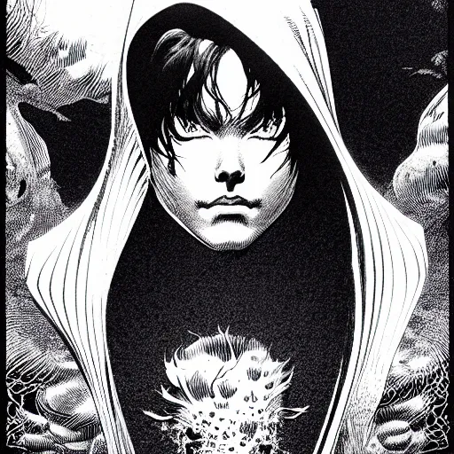 Image similar to portrait soft light, by bernie wrightson and killian eng and joe fenton, inspired by akira anime, etching, fine, sharp high detail, screen print,