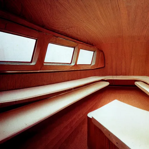 Prompt: the interior of a 1 9 7 0 s space ship carved out of wood, designed by eero saarinen, snow visible through the windows