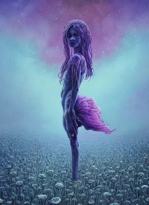 Image similar to detailed, intricate blue black and purple papaverum flower on the field, nebula, galaxy in the sky, winning award masterpiece, fantastically beautiful, illustration, aestheticly inspired by beksinski and dan mumford, upscale with simon stalenhag work, artstation, 8 k